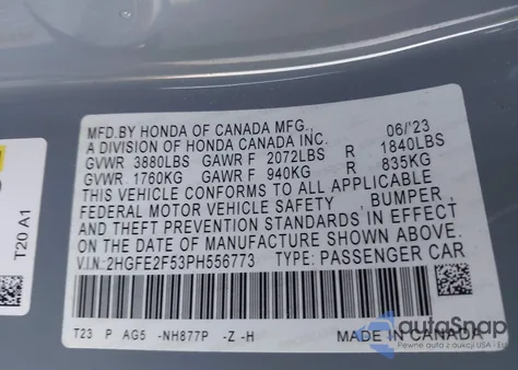 2023 Honda Civic Sport из США, поврежденный, VIN 2HGFE2F53PH556773